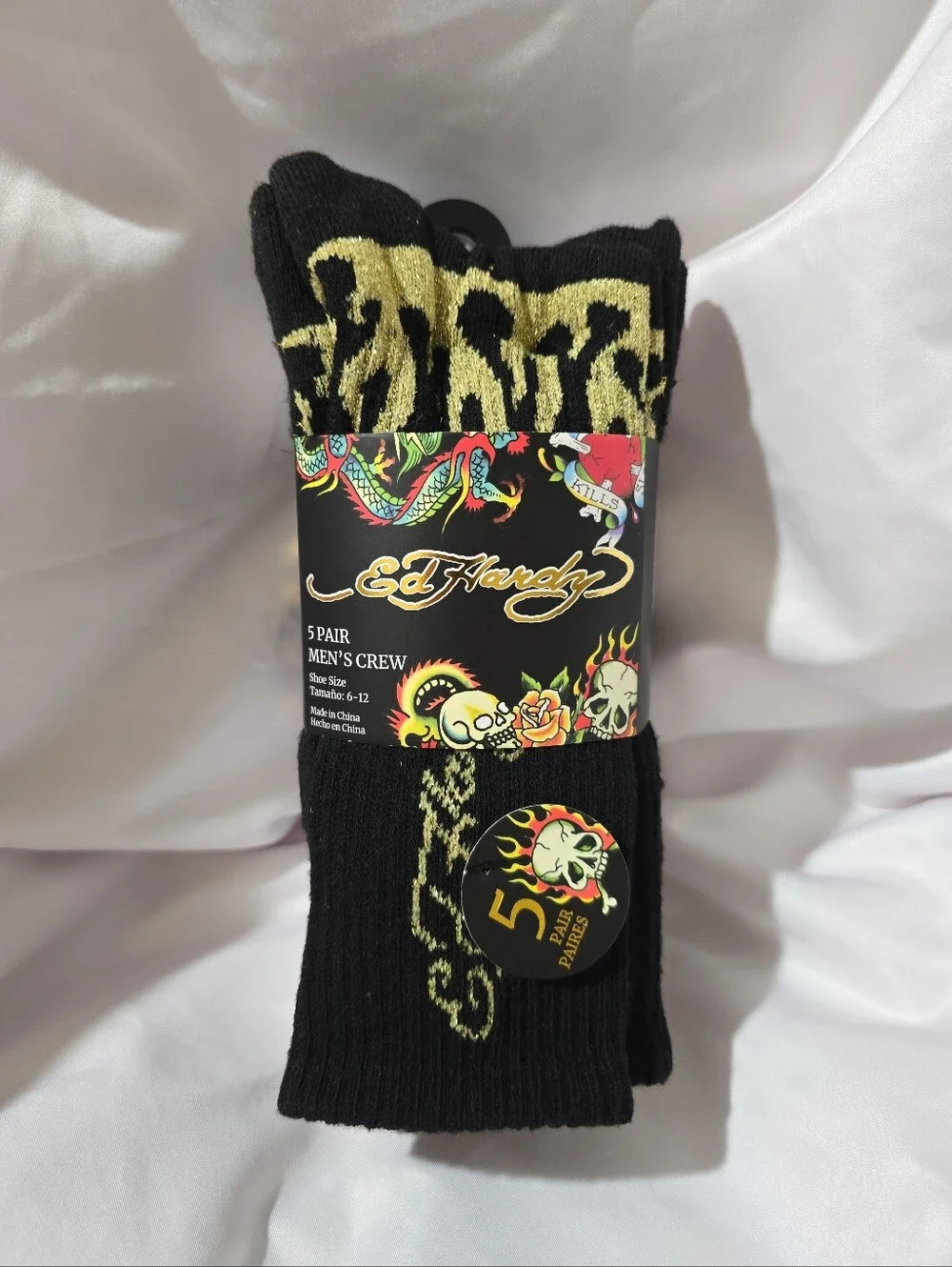NWT Ed Hardy Men's 5 Pair Crew Ribbed Cushioned Footbed Socks Arch Support